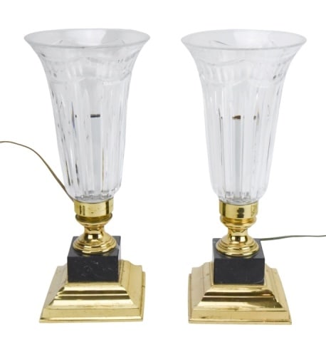 Pair Waterford Crystal Pompeii Hurricane Lamps: Pair Waterford Crystal Pompeii Electric Hurricane Table Lamps with Brass and Black Marble Base.Measures 16 inches x 6 inches base.