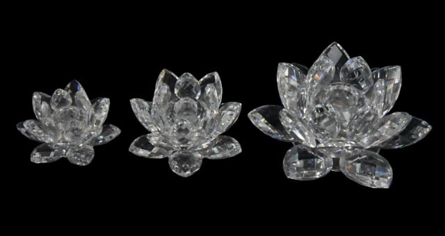 3 Swarovski Crystal Water Lily Candle Holder: 3 Swarovski Crystal Water Lily Candle Holder.Largest measures 3 inches x 6 inches x 6 inches.