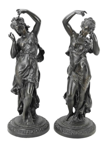 Pair Bacchanalian Women Patinated Bronze Sculpture: Pair Bacchanalian Women Patinated Bronze Sculpture.Measures 21 inches x 9 inches diameter.