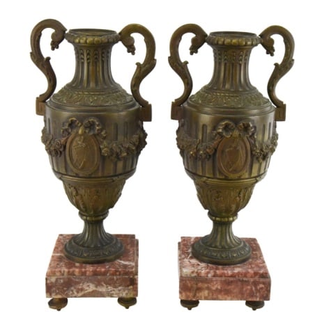 Pair French Patinated Spelter Urns on Marble Base: Pair French Patinated Spelter Urns on Rouge Marble Base.Measures 18 inches x 8 inches x 6 inches.