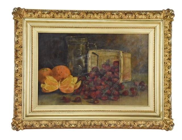 19th Century Signed Oil on Canvas Painting: 19th Century Signed Oil on Canvas Painting. Depicting a Basket of spilled strawberries and oranges. Artwork show signs of age, such as visible cracking and wear. Sold as is.Framed measures 34 inches x