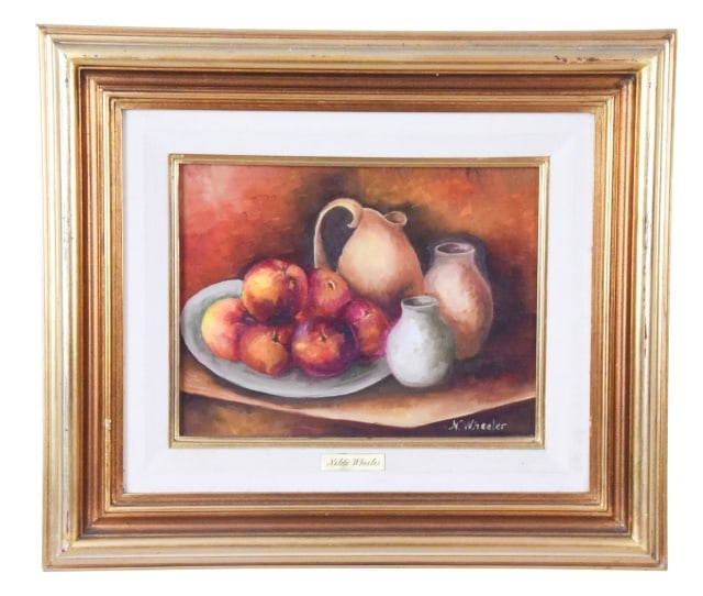 Nelda Wheeler Signed Oil Still Life Painting: 20th Century American Nelda Wheeler Signed Oil Still Life Painting. Professional framed.Framed measures 20 inches x 23 inches, art measures 10 inches x 13 inches.