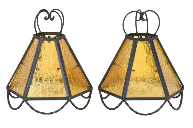 Spanish Revival Style Iron & Amber Glass Pendant: Pair Spanish Revival Style Hexagonal Iron Frame and Textured Amber Glass Pendant Lamps.Measures 16 inches x 14 inches