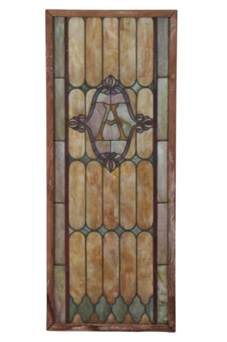 Art Nouveau Glass Window Panel with Central Motif: Art Nouveau Glass Window Panel with Central A Letter Motif.Measures 55 inches x 22.25 inches.Glass shows signs of repair. Please look at images carefully. Sold as is.