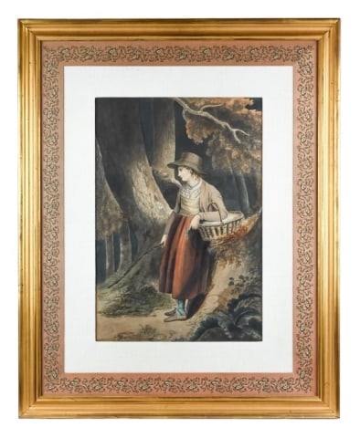 Mary Elizabeth Bateman Girl Returning from Market: 19 Century Mary Elizabeth Bateman Girl Returning from Market Watercolor Painting Dated 1812 in Antique Frame.Framed measures 28 inches x 22 inches, art measures 17 inches x 11 inches.