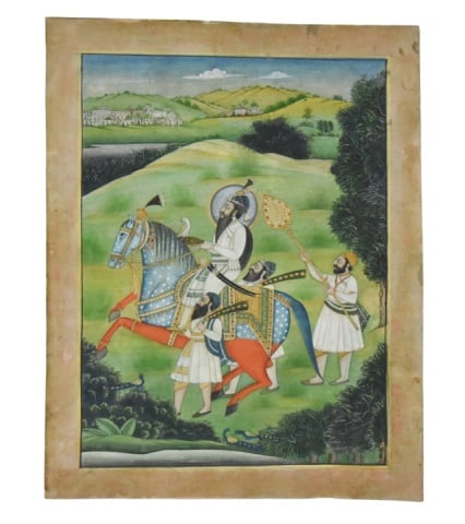 Sikh Scool Miniature Painting Guru Gobind Singh: Sikh Scool Miniature Painting Depicting Guru Gobind Singh Riding a Blue Horse and Flanked by Attendants.Measures 11.5 inches x 9 inches.Any condition statement is given as a courtesy to a client, is o