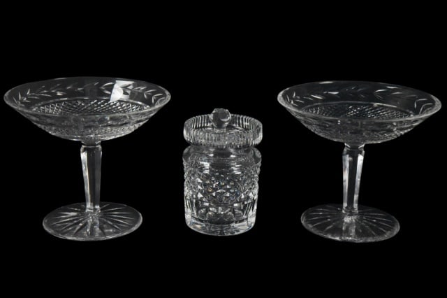 Vintage Waterford Crystal Glandore Pattern Pieces: 3 Vintage Waterford Crystal Glandore Pattern Pieces.Pair measure 5.25 inches x 6 inches diameter.Jar measures 4.5 inches x 3 inches diameter.