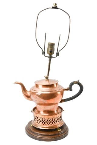Antique Dutch Copper Water Kettle Converted Lamp: Antique Dutch Copper Water Kettle Converted to Electric Table Lamp. (NH)Measures 25 inches x 14 inches.