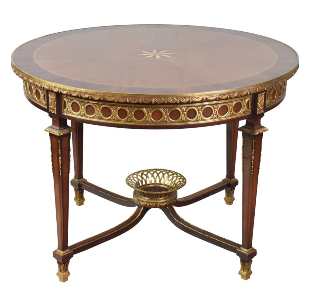 20th C. Bronze Mounted Satinwood Round Hall Table: 20th C. Bronze Mounted Veneered Satinwood and Kingwood Round Hall Table.Measures 31 inches x 42 inches x 42 inches.