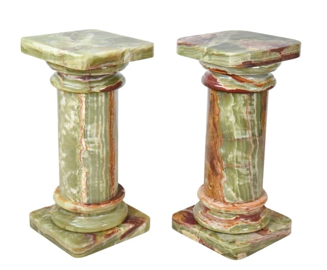 Pair Roman Style Green And Brown Onyx Pedestal: Pair Roman Style Polished Green And Brown Onyx Pedestal Column.Measures 30 inches x 14 inches x 14 inches.