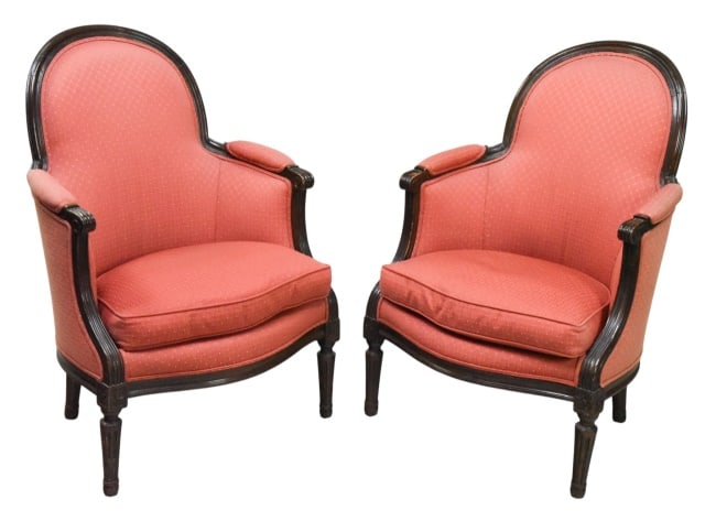Pair Louis XVI Style Ebonized Bergere Armchairs: Pair French Louis XVI Style Custom Upholstered Ebonized Bergere Armchairs Measures 36.5 inches x 25 inches x 20 inches, seat height 17 inches.