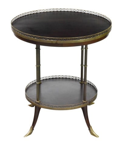 French Louis XVI Style 2-Tier Gueridon Side Table: French Louis XVI Style Two Tier Round Gueridon Side Table with Gilt Brass Pierced Gallery.Measures 26.25 inches x 24 inches in diameter.