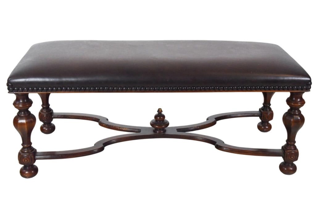 Theodore Alexander Hand Carved Leather Bench: Theodore Alexander Hand Carved Custom Upholstered Leather Bench with Nail Head Trim.Measures 22 inches x 50 inches x 20.5 inches.