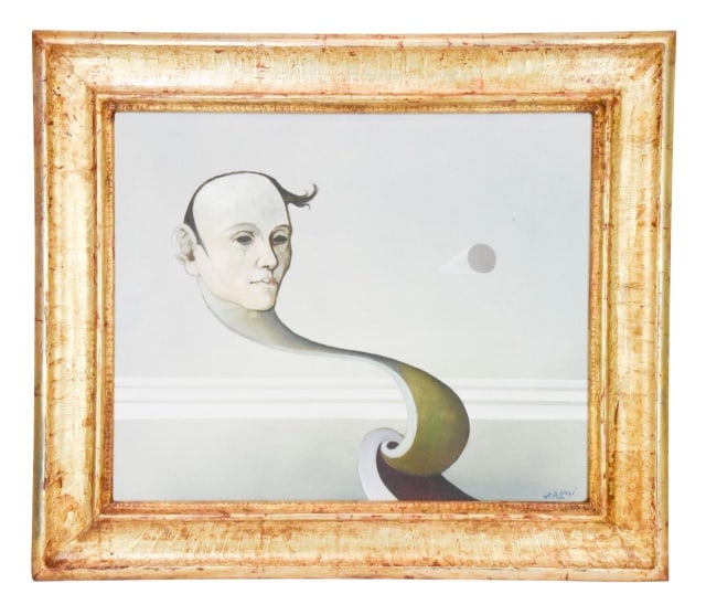 G.F Renzi Surrealist Oil on Canvas Painting: G.F Renzi Surrealist Oil on Canvas Painting.Framed measures 25 inches x 29 inches, art 18 inches x 22 inches.
