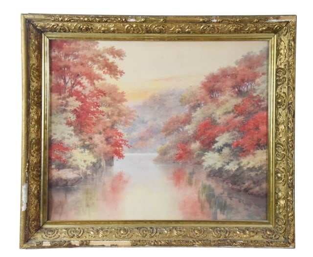 George Inness Jr. Signed Fall Watercolor Landscape: George Inness Jr. Signed Fall Watercolor Landscape Painting. Framed Under Glass. Some gilt loss on frame. Sold as is. Frame will not qualify for refund.Framed measures 24 inches x 29 inches, art