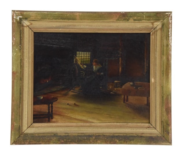 19th Century Oil Painting of Woman Weaving By Fire: Antique 19th Century Oil Painting of Woman Weaving By Fire in Period Frame.Framed measures 16 inches x 19 inches, art measures 11 inches x 14 inches.
