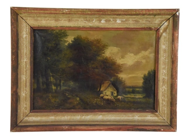19th C. Jacques Durant Pastoral Landscape Painting: 19th Century Jacques Durant Pastoral Landscape Oil on Canvas Painting.Some gilt paint loss on frame. Sold as is. Frame will not qualify for refund.Frame measures 17.5 inches x 23.5 inches, art