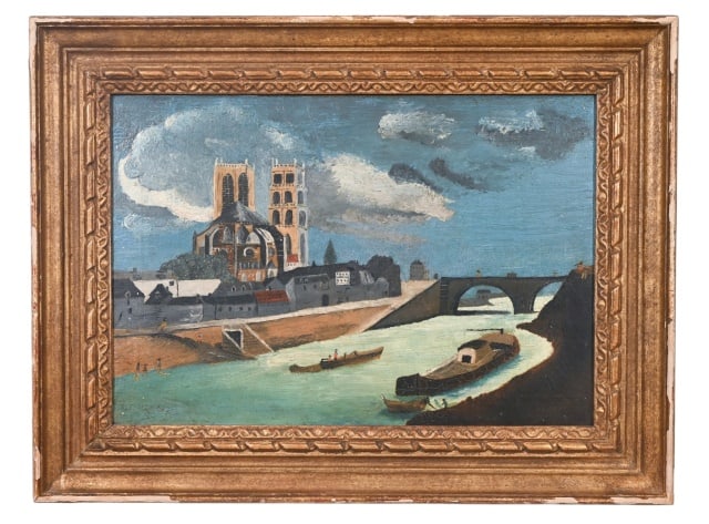 In the Style Jean Isy de Botton Painting: In the Style Jean Isy de Botton Impressionist River Scene with Cathedral Oil Painting in Ornate Gilded Frame. Some gilt loss. Sold as is.Framed measures 17 inches x 22.5 inches, art 12inches x 17.5