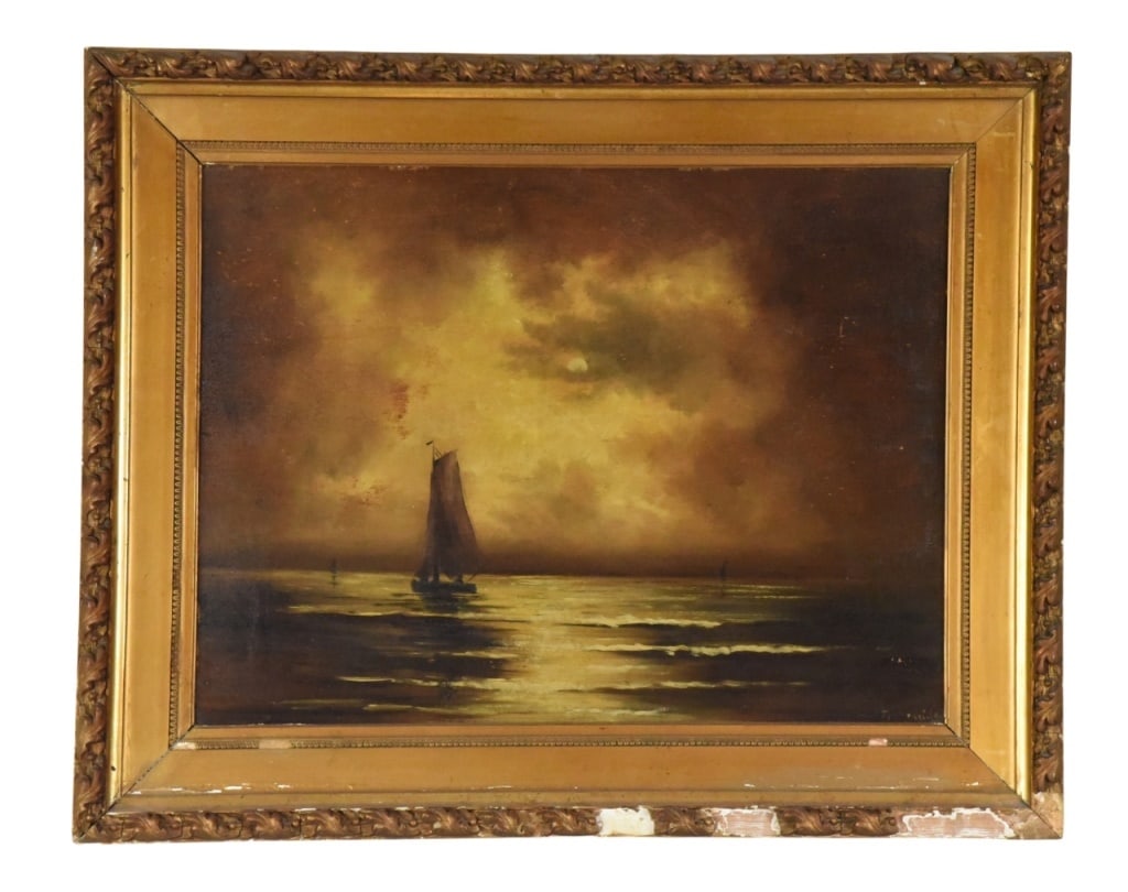 20th C.Dutch School Style Oil Painting of Seascape: 20th C. Dutch School Style Oil Painting of Seascape. Featuring sailboat on the horizon. Painting and the frame has some paint loss and slight craquelure. Sold as is.Measures 26 inches x 32 inches.