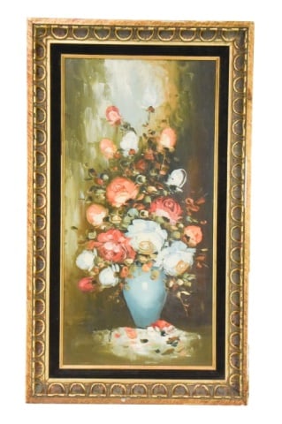 Signed Vintage Still Life Oil Painting on Board: Vintage Still Life of Flowers in a Vase Oil Painting on Board.Frame as gilt loss. Sold as is.Measures 29 inches x 17 inches.