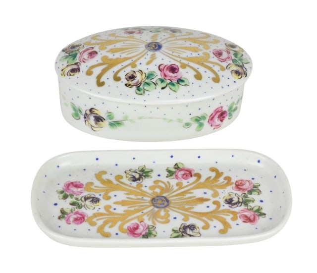 Limoges France Hand Painted Jewelry Box and Tray: Limoges France Hand Painted Porcelain Floral Motifs and Gold Accents Jewelry Box and Tray.Jewelry box measures 1.5 inches x 4.5 inches x 2.75 inches.
