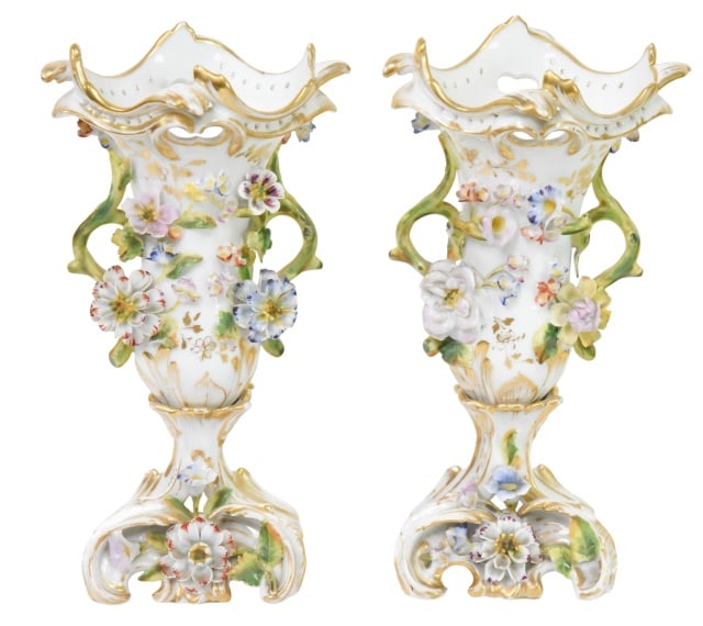 French Old Paris Encrusted Floral Bridal Vases: Pair French Porcelain Old Paris Encrusted Floral Decorations and Gold Gilding Bridal Vases.Measures 11 inches x 6 inches x 6 inches.