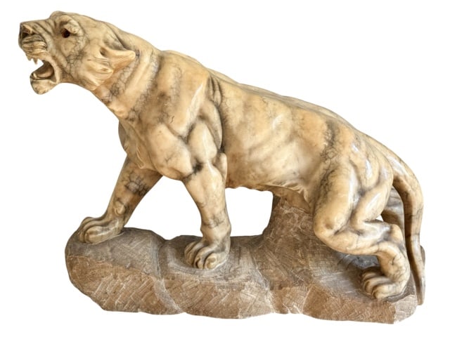 Antique Hand Carved Marble Sculpture of a Tiger: Antique Hand Carved Marble Sculpture of a Tiger.Measures 16 inches x 21 inches x 8 inches