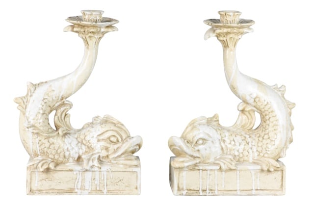 Pair Vintage Dolphin Cream Ware Candlesticks: Pair Vintage Dolphin Cream Ware CandlesticksMeasures 17 inches x 11 inches x 5 inches.