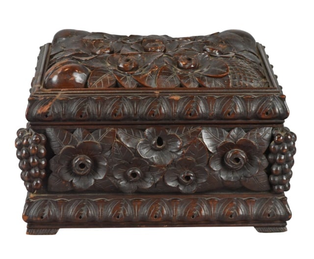 Antique French Relief Carved Black Forest Box: Antique French Relief Hand Carved Black Forest Dresser Box. Features highly detailed, three-dimensional carvings of fruit, grapes, and leaves covering all surfaces.Measures 8.5 inches x 13 inches x 10