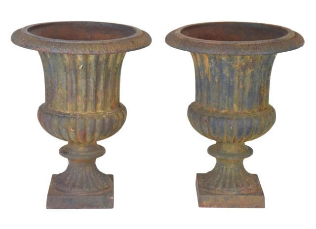 Pair Neoclassical Style Cast Iron Garden Urns: Pair Neoclassical Style Cast Iron Garden Urns or Mantle Urns.Measures 15 inches x 11.75 inches in diameter.