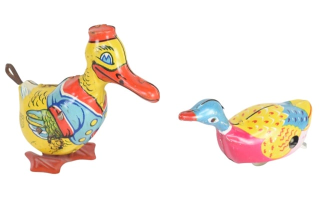 2 Vintage Hand Painted Tinplate Duck Toys: 2 Vintage Hand Painted Tinplate Duck Toys. One stamped J. Chein & Co.Approximately measures 3.75 inches.