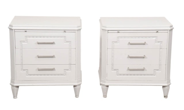 Pair Mid Century Carved Painted Nightstands: Pair Mid Century Carved Painted Nightstands.Measures 27 inches x 25 inches x 17 inches.