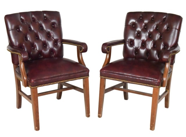 Vintage Chesterfield Style Leather Armchairs: Pair Vintage Chesterfield Style Custom Button Tufted Leather Upholstered Armchairs with Nail Head Trim.Measures 34 inches 25 x inches 20 x inches. Seat height is 19 inches