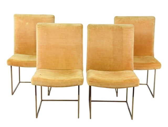 Thayer Coggin 1187 Design Chairs by Milo Baughman: Set of 4 Thayer Coggin 1187 Design Chairs by Milo Baughman. Upholstered Brass Cantilevered Side Chairs. Needs to be reupholstered. Sold as is.Measures 36 inches x 21 inches x 23 inches, seat height 18