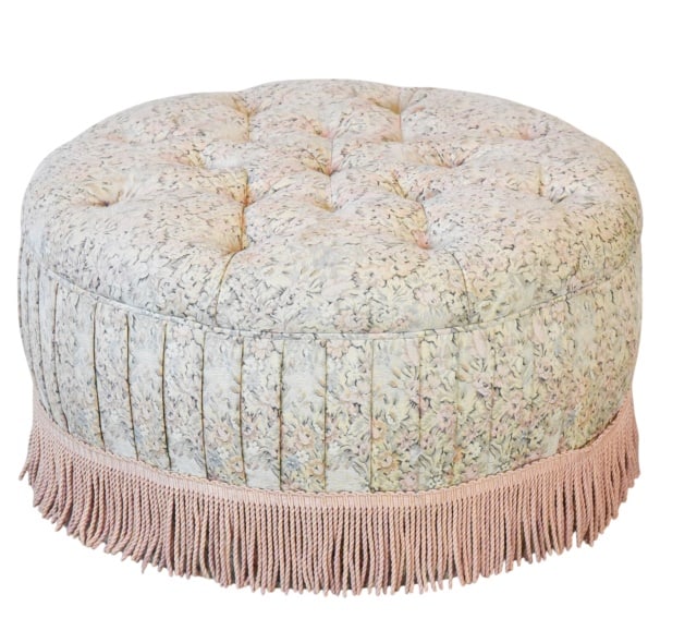 Vintage Round Tufted Ottoman with Fringe Skirt: Vintage Round Tufted Ottoman with Fringe Skirt.Measures 18 inches x 32 inches x 32 inches.