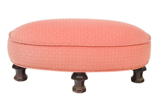 Victorian Style Carved Upholstered Round Stool: Antique Victorian Style Hand Carved Custom Upholstered Round Foot Stool / Pouf.Measures 8.5 inches x 19 inches x 11 inches.