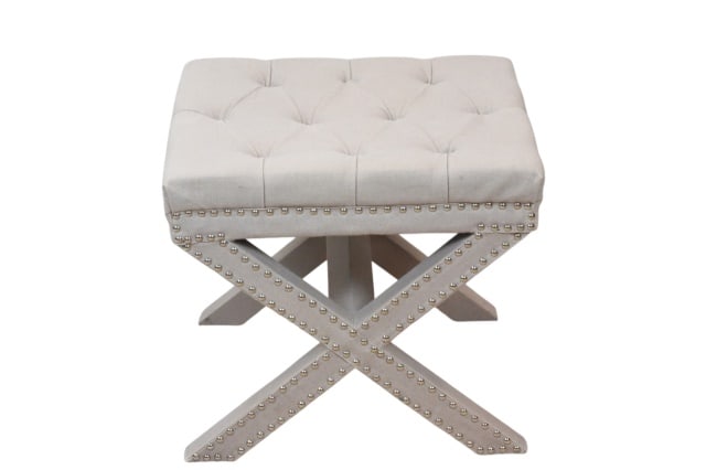 Louis Grey Linen X Leg Style Ottoman: Louis Grey Linen X Leg Style Ottoman with Custom Tufted Upholstery. Faint purple in color.Measures 19 inches x 24 inches x 18 inches.
