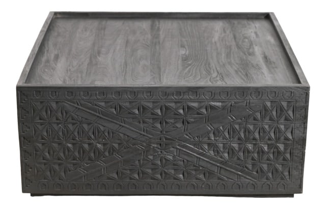 Four Hand Maya Reclaimed Wood Accent Table: Four Hand Maya Columbus Trunk Console Reclaimed Wood Accent Table with Intricate Hand Carvings.Measures 17 inches x 38 inches x 38 inches.