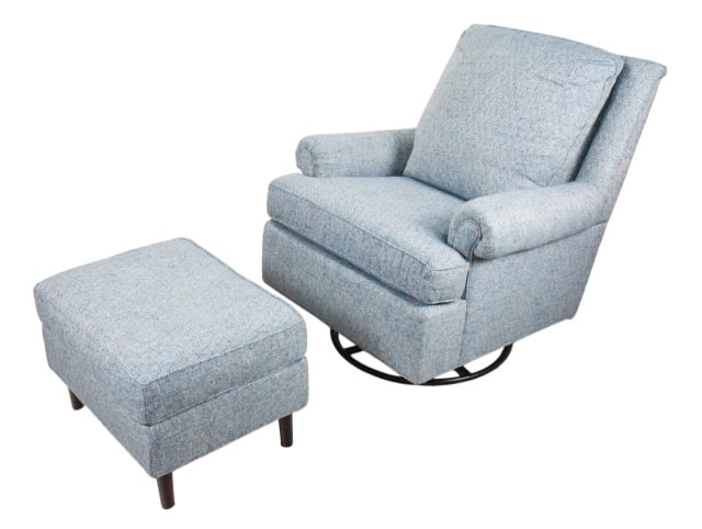 Smith Brothers Upholstered Swivel Chair & Ottoman: Smith Brothers Custom Upholstered Herringbone Pattern Fabric Swivel Chair and OttomanChair measures 37 inches x 35 inches x 35 inches with a 20 inch seat height.Ottoman measures 17 inches x 27 inches 