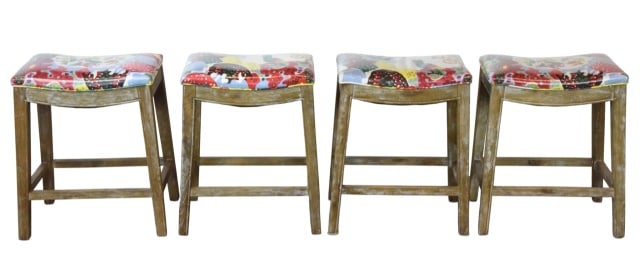4 Backless Josef Frank Upholstered Barstools: Set of 4 Backless Custom Upholstered Josef Frank Fabric Seat Barstools.Measures 24 inches x 18 inches x 12 inchesSmall tear in one of the stool cushions. Please see images. Sold as is.