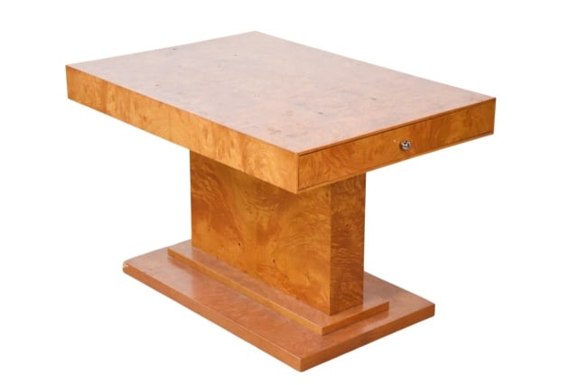 Art Deco Style Grange Root Veneer Cigar Table: Art Deco Style BORD Grange Root Veneer Cigar Table with Drawer and Rectangular Column Base.Measures 20 inches x 32 inches x 22 inchesWear consistent with age and use. Sold as is.