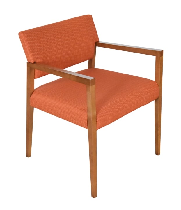 4 Gunlocke MC Walnut Upholstered Armchairs: Set of 4 Gunlocke Mid Century Walnut Custom Upholstered Seat and Back Rest Armchairs.Measures 30 inches x 22 inches x 21 inches x 21 inches, seat height 18 inches.