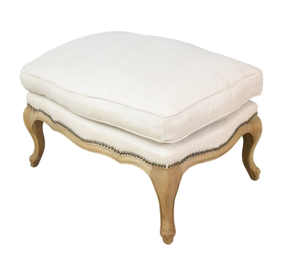 French Country Style Curved Oak Leg Foot Stool: French Country Style Curved Oak Leg Custom Upholstered Foot Stool by Safavieh. Cushion needs cleaning.Measures 18 inches x 30 inches x 20 inches.