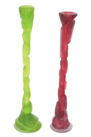 Brad Copping Blown & Carved Glass Candlesticks: 2 Brad Copping Hand Blown and Carved Glass Candlesticks.Tallest measures 9 inches x 3.5 inches in diameter.