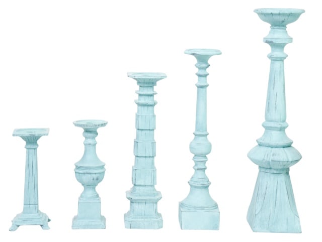 5 Farmhouse Style Wooden Pillar Candlesticks: 5 Farmhouse Style Distressed Painted Blue Wooden Pillar Candlesticks.Largest measures 24 inches x 5 inches in diameter.