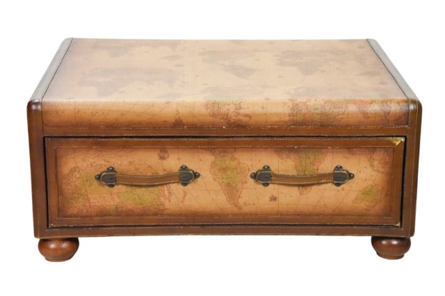 Maitland Smith Old World Map Trunk Coffee Table: Maitland Smith Old World Map Trunk Style Coffee Table. It features a vintage globe print , with wood veneers and distressed leather wrapped accent. No makers mark on this piece. Sold as is.Measures 18