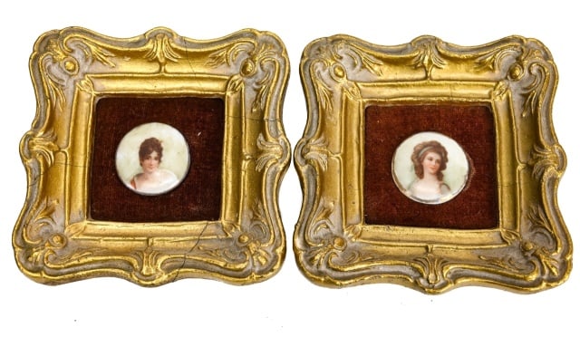 Pair Antique Framed Porcelain Miniature Portraits: Pair Antique Framed Hand Painted Porcelain Miniatures with Velvet Mats of Female Busts. 3.5 inches x 3.5 inches
