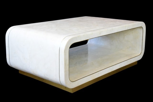Minimalist Rounded Rectangular Coffee Table: Minimalist Rounded Rectangular Coffee Table by The Grand Tour Collection of Century Furniture. Large open storage compartment.Coffee table has one small crack and some minor scuffs. Measures 18 inches