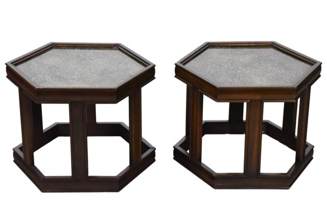 2 John Keal Hexagonal Brown Saltman Side Tables: 2 John Keal Hexagonal Brown Saltman Side Tables. Crafted from walnut with a textured glass top.Measures 16 inches x 21 inches x 18.5 inches.