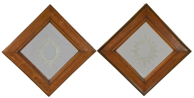 Georgian Hand Carved Marquetry Frame Mirror Insert: Pair Georgian Hand Carved Marquetry Inlaid Frames with Mirrored Starburst Inserts.Measures 17 inches x 17 inches.